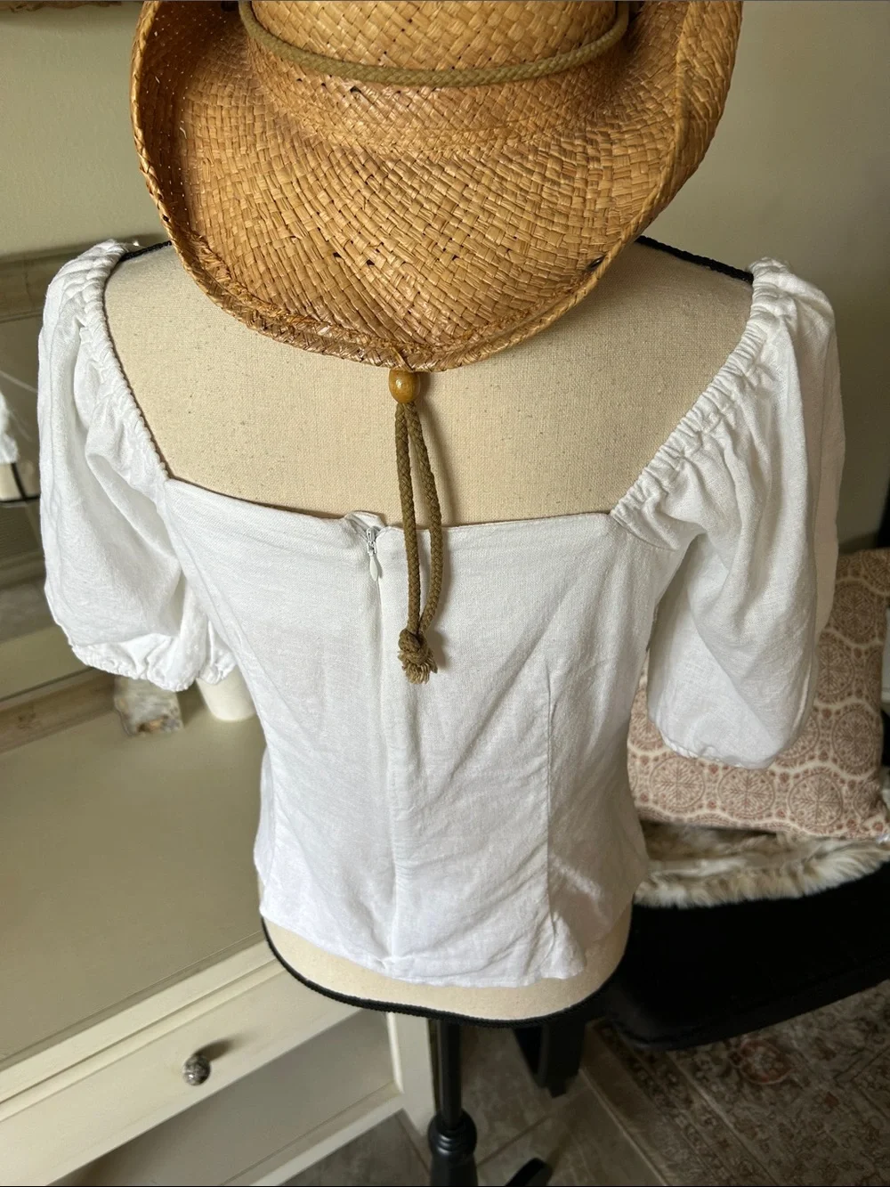 Michael Kors Women white Linen Puff Sleeve cottage western Blouse Top S